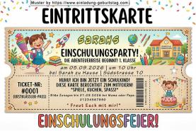 Die ausgefallene Einladung zur Einschulung - eine Eintrittskarte zur Einschulung für die Gäste von einem Mädchen als zukünftiges Schulkind - die Abenteuerreise beginnt.