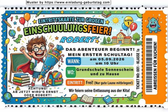 Die ausgefallene Einladung zur Einschulung - eine Eintrittskarte zur Einschulung für die Gäste von einem Jungen als zukünftiges Schulkind - die Abenteuerreise beginnt.