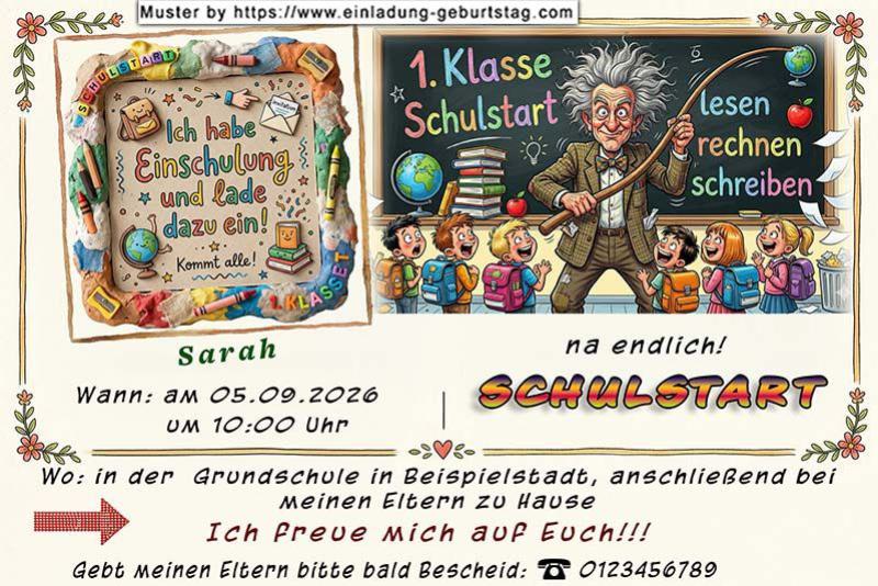 Die ausgefallene Einladung zur Einschulung mit dem lustigen Lehrer und den zerzausten Haaren der zeigt, hier macht lernen Spaß - na endlich: Schulstart.