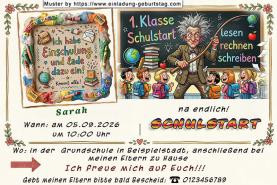 Die ausgefallene Einladung zur Einschulung mit dem lustigen Lehrer und den zerzausten Haaren der zeigt, hier macht lernen Spaß - na endlich: Schulstart.