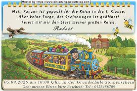 Die ausgefallene Einladung zur Einschulung - der Schulzug Charlie fährt mit vielen Kindern und Schulranzen auf den Wagen Richtung Schule.