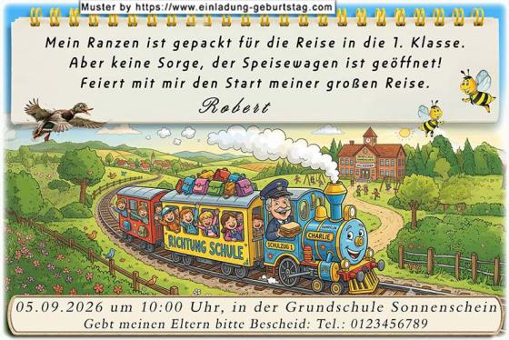Die ausgefallene Einladung zur Einschulung - der Schulzug Charlie fährt mit vielen Kindern und Schulranzen auf den Wagen Richtung Schule.