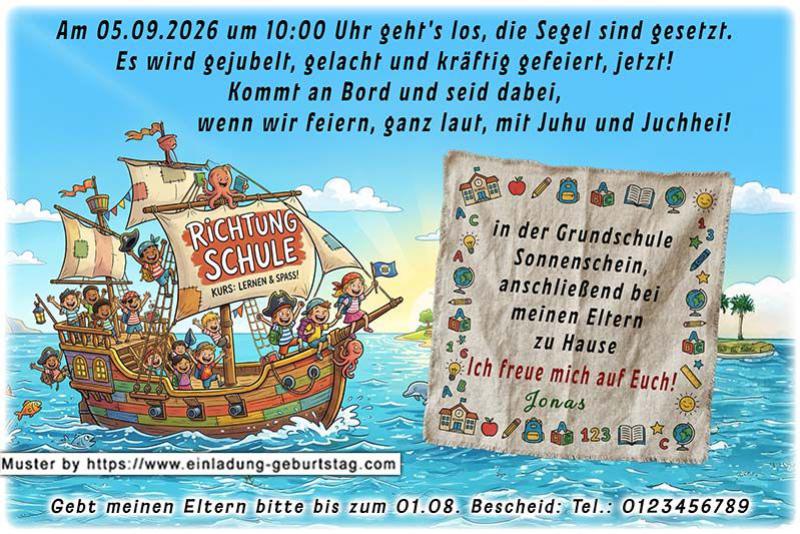 Die ausgefallene Einladung zur Einschulung - ein kleines lustiges Piratenschiff voller Kinder auf dem Weg Richtung Schule. Die Segel sind gesetzt.