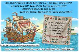 Die ausgefallene Einladung zur Einschulung - ein kleines lustiges Piratenschiff voller Kinder auf dem Weg Richtung Schule. Die Segel sind gesetzt.