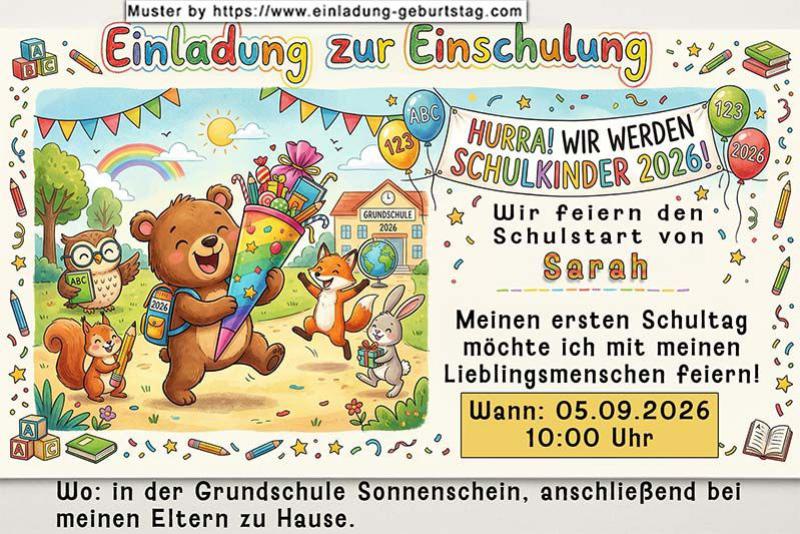 Die ausgefallene Einladung zur Einschulung - ein kleiner Teddybär mit einer Schultüte auf dem Weg in Richtung Schule.