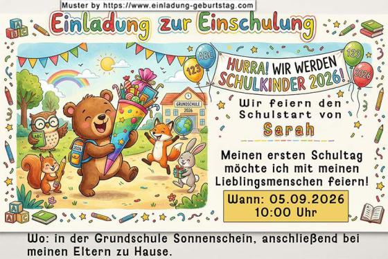 Die ausgefallene Einladung zur Einschulung - ein kleiner Teddybär mit einer Schultüte auf dem Weg in Richtung Schule.