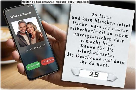 Die Danksagung zur Silberhochzeit - Ihr Foto wird in das Handydisplay eingesetzt. Über dem Foto befinden sich Ihre Namen.