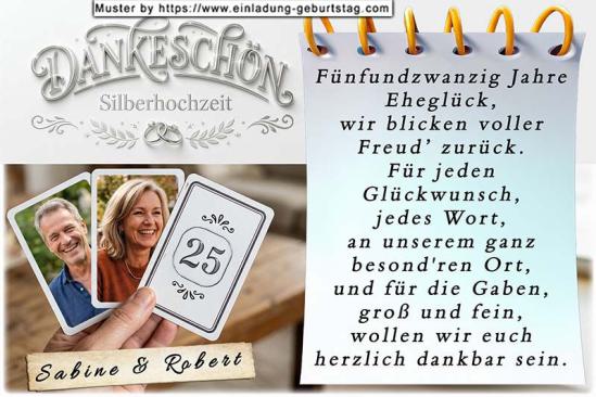 Die Danksagung zur Silberhochzeit - 3 Spielkarten gehalten von einer Hand. Auf 2 Spielkarten befindet sich je ein Foto von Ihnen.