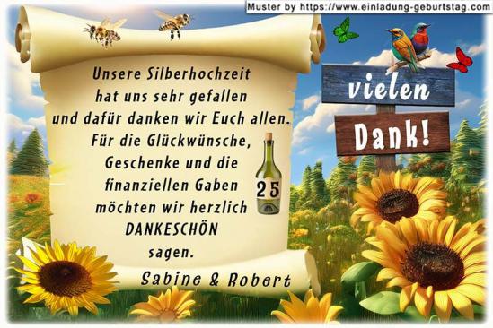 Die Danksagung zur Silberhochzeit - ein rustikaler Holzwegweiser in einem Sonnenblumenfeld, auf dem Vielen Dank steht.