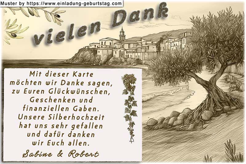 Die Danksagung zur Silberhochzeit - eine mediterrane Danksagungskarte mit einem Küstenort im Hintergrund und Olivenbäumen im Vordergrund.