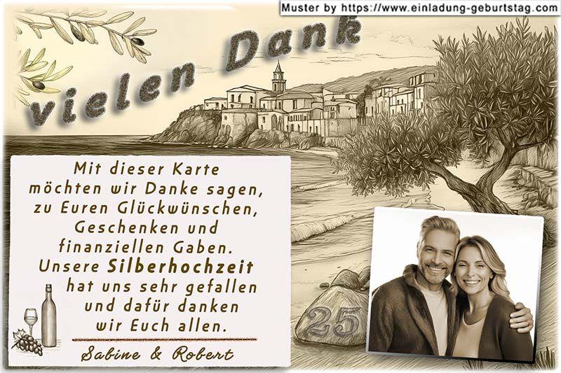 Die Danksagung zur Silberhochzeit - Ihr Foto wird mit einer Sepia Farbüberlagerung versehen und in eine mediterrane Karte eingesetzt.