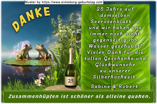 Die Danksagung zur Silberhochzeit - 2 lustige Frösche - 25 Jahre auf demselben Seerosenblatt und wir haben uns immer noch nicht gegenseitig ins Wasser geschubst.