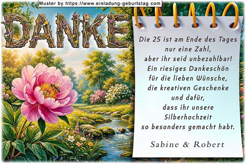 Die Danksagung zur Silberhochzeit - ein romantischer Bachlauf, neben dem sich eine Blume mit geöffneter Blüte befindet.