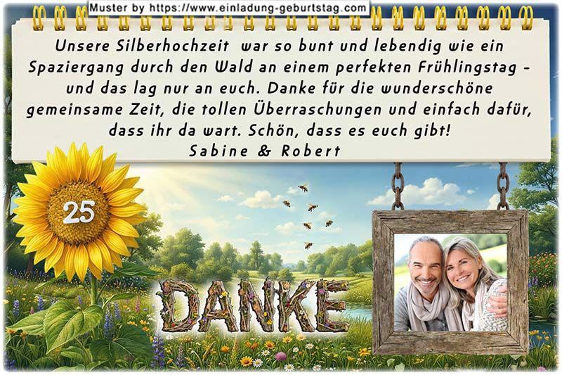 Die Danksagung zur Silberhochzeit - Ihr Foto wird in den rustikalen Holzrahmen eingesetzt, der am Textfeld hängt. In die Sonnenblume wird Ihre Jubiläumszahl gedruckt.