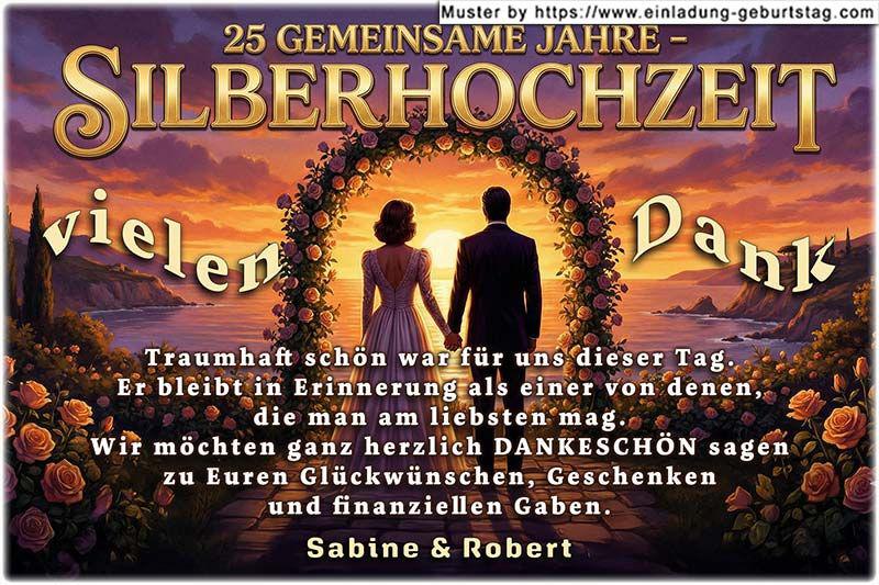 Die Danksagung zur Silberhochzeit - ein Ehepaar steht vor einem Rosenbogen am Strand, im Hintergrund ist ein romantischer rot/gelber Sonnenuntergang sichtbar.