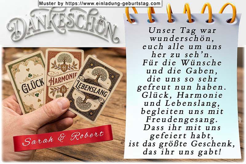 Die Dankeskarte zur Hochzeit - 3 Spielkarten in Ihrer Hand – Glück – Harmonie und Lebenslang. Darunter auf ein Schleifenband werden Ihre Namen eingesetzt.