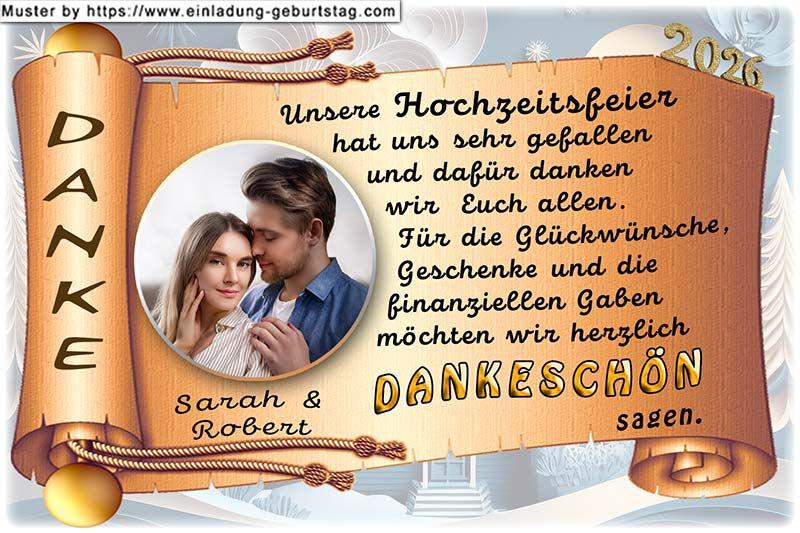 Die Dankeskarte zur Hochzeit - Ihr Foto wird rund ausgeschnitten und links neben Ihrem frei wählbaren Danksagungstext auf eine Schriftrolle gedruckt.