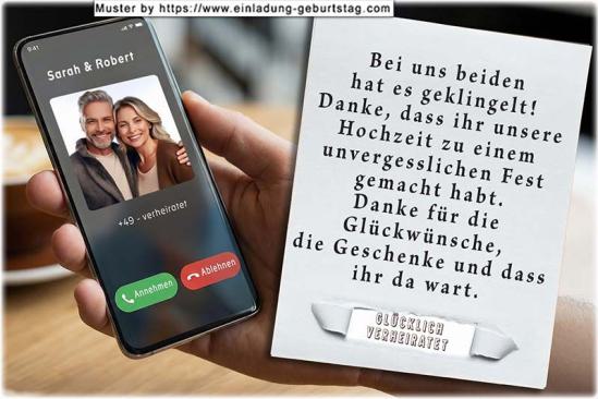 Die Dankeskarte zur Hochzeit - Ihr Foto wird in das Display eines Handys eingesetzt. Darüber befinden sich Ihre Namen. Bei uns beiden hat es geklingelt.