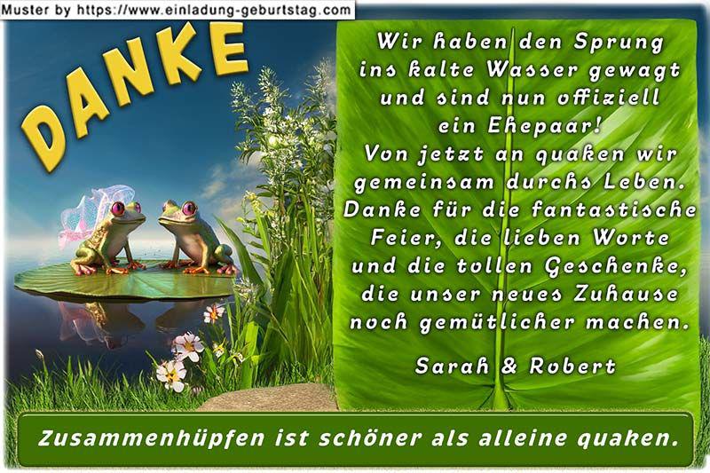 Die Dankeskarte zur Hochzeit - 2 Frösche sitzen auf einem Seerosenblatt in einem Gartenteich: Wir haben den Sprung ins kalte Wasser gewagt und sind nun offiziell ein Ehepaar!