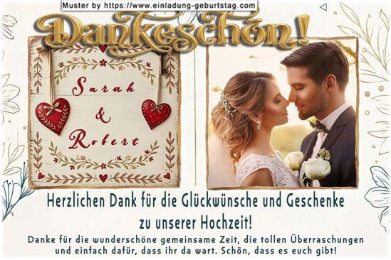 Die Dankeskarte zur Hochzeit - Ihr Foto wird auf der rechten Kartenseite quadratisch eingesetzt. Zwischen Zwei Herzen links daneben werden Ihre Namen gedruckt.