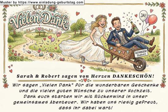 Die Dankeskarte zur Hochzeit - die Braut fährt Ihren Mann in einer Schubkarre nach Hause - gefangen (endlich). Ein lustiges Bild für ein Dankeschön an Ihre Gäste.