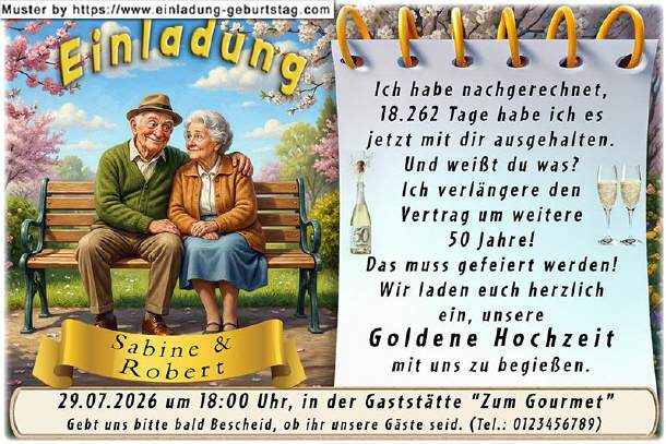 Einladung Goldene Hochzeit lustig - die Parkbank